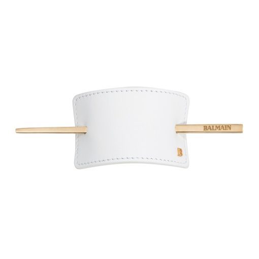 BALMAIN HAIR valgest nahast juukseklamber / Hair Barrette White Leather pressed B-logo Vintage