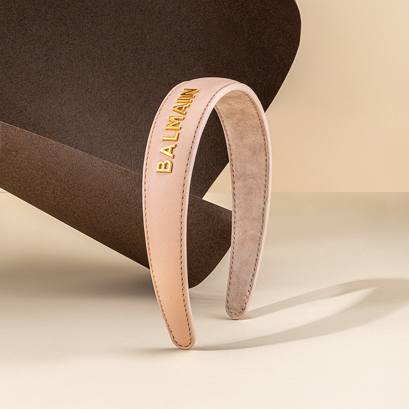 BALMAIN HAIR napa nahast peavõru roosa, BALMAIN logoga, L / Leather Headband Pink Golden Logo, L - Image 4