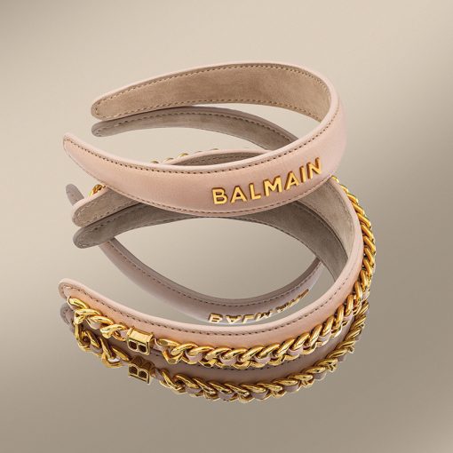 BALMAIN HAIR napa nahast peavõru roosa, BALMAIN logoga, L / Leather Headband Pink Golden Logo, L - Image 5