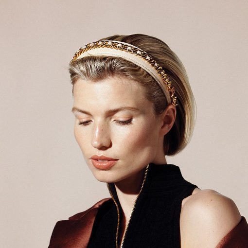 BALMAIN HAIR napa nahast kuldse ketiga roosa peavõru, L / Leather Chain Golden Headband Pink, L - Image 6
