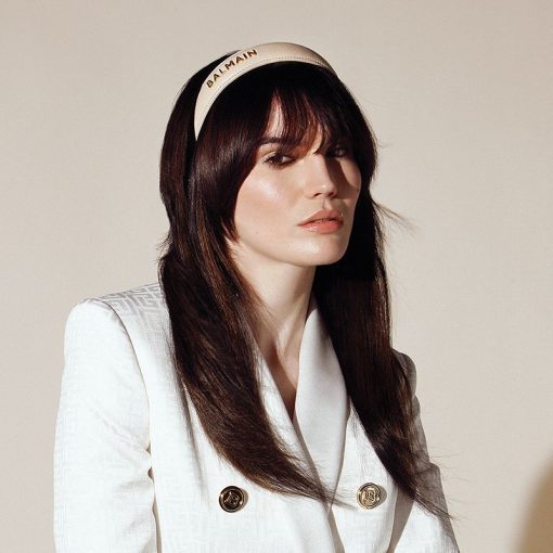 BALMAIN HAIR napa nahast peavõru roosa, BALMAIN logoga, L / Leather Headband Pink Golden Logo, L - Image 6