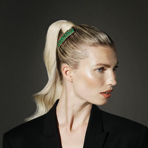 BALMAIN HAIR 18K kullaga juukseklamber roheline L / Barrette Golden BALMAIN logo, Green, L - Image 5